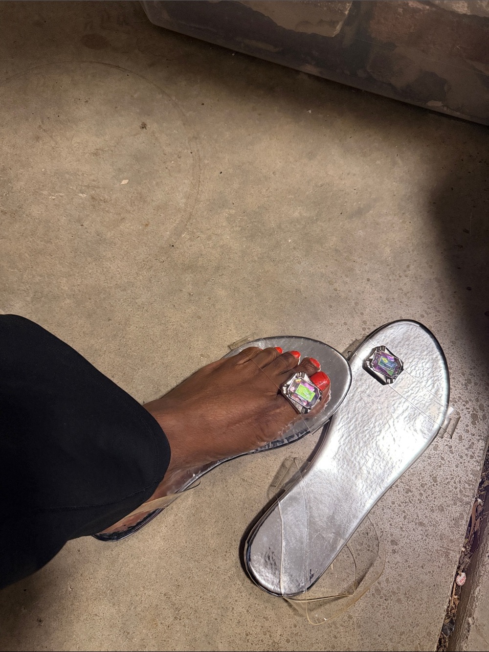 Clear Jelly Slide Sandals with Iridescent Gem Accent - Silver